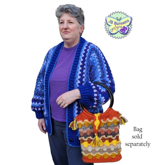 Handmade Oversize Crochet Cardigan Blue Cozy Warm Sweater, Granny Square Sweater - Picture 4 of 11